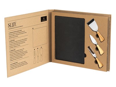 SLATE Set kamena ploča i pribor za sir sa drvenom drškom, 4/1
